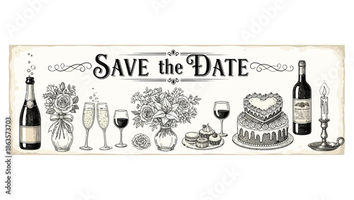 Elegant wedding invitation with champagne bottles, flowers, and cake displayed beautifully