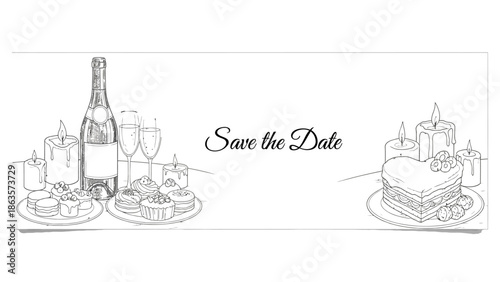 Elegant wedding celebration with cake, champagne, and fine dining on a special date