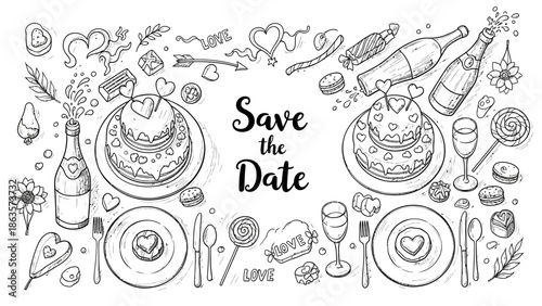 Celebratory dinner setup with Save the Date announcement, featuring wine, food, and romantic dinnerware in an elegant table setting