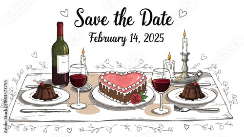 Romantic dinner setup for two with wine, cake, and dessert on a decorated table for Valentine's Day celebration