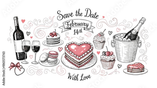 Romantic Valentine's Day Celebration with Wine, Cake, and Desserts in a Festive Setting