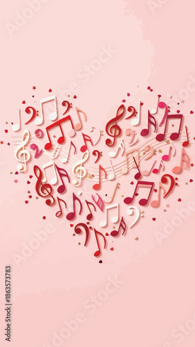 Musical Heart Shape Formed by Red Musical Notes on Pink Background for Valentine