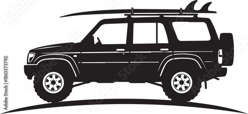 SUV and surfboard icon silhouette vector black on a white background