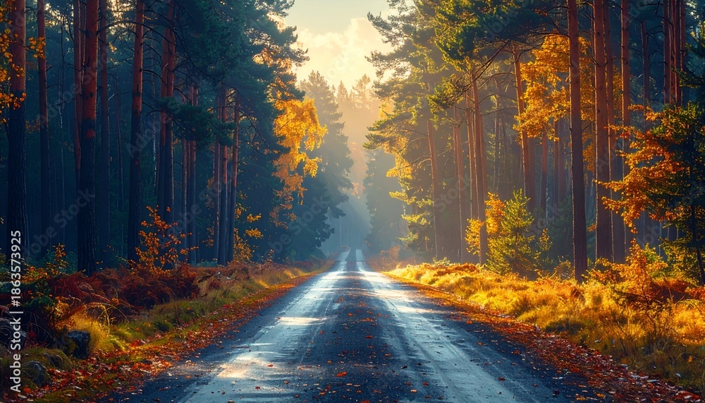 Obraz premium A tranquil forest road lined with vibrant autumn foliage and soft morning light filtering through