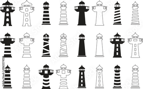 Lighthouse icon set in flat and outline styles. Vectors coastal beacon tower collection and group for maritime navigation, sea safety, harbor guidance, nautical travel and ocean designs illustration.