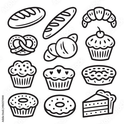A collection of various baked goods including bread rolls muffins cupcakes and pastries in a simple line drawing style