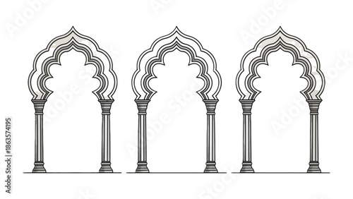 Architectural Harmony: A trio of ornately designed arches stands in graceful symmetry, their intricate patterns and elegant curves creating a sense of balance and timeless beauty.