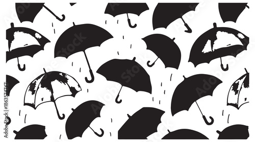 umbrella rain illustration, rainy weather doodle, monsoon pattern design, hand drawn umbrella art, weather icon background, black umbrella sketch, seamless rain pattern, rainy season illustration, cut