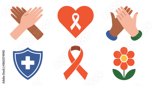 Collective Support and Solidarity: A visual tapestry of support and awareness, featuring diverse hands, a heart with a ribbon, a protective shield, and a symbolic flower, all interconnected.