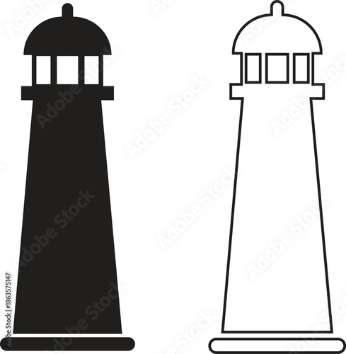 Lighthouse icon set in flat and outline styles. Vectors coastal beacon tower collection and group for maritime navigation, sea safety, harbor guidance, nautical travel and ocean designs illustration.