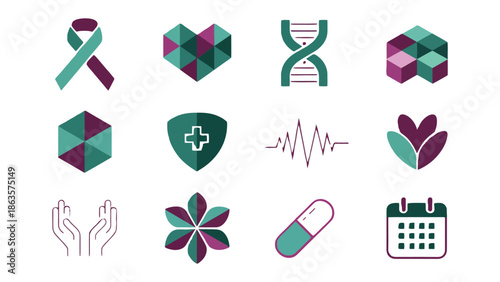 Health and Wellness Icons: A collection of vibrant icons, representing a spectrum of health and well-being concepts, from cancer awareness to genetic understanding and overall wellness. 