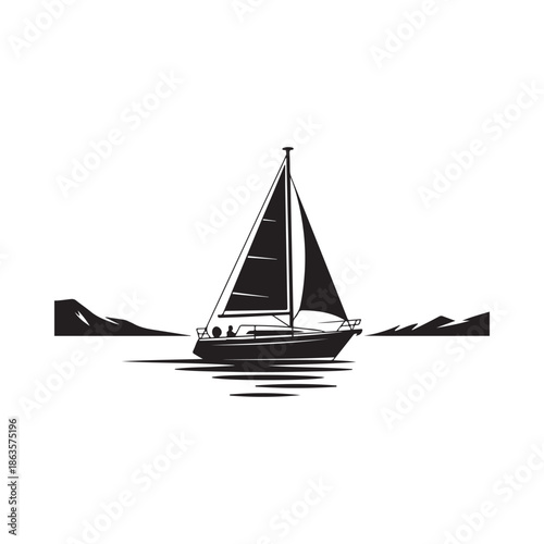 A sleek sailboat glides across calm waters framed by distant mountain silhouettes