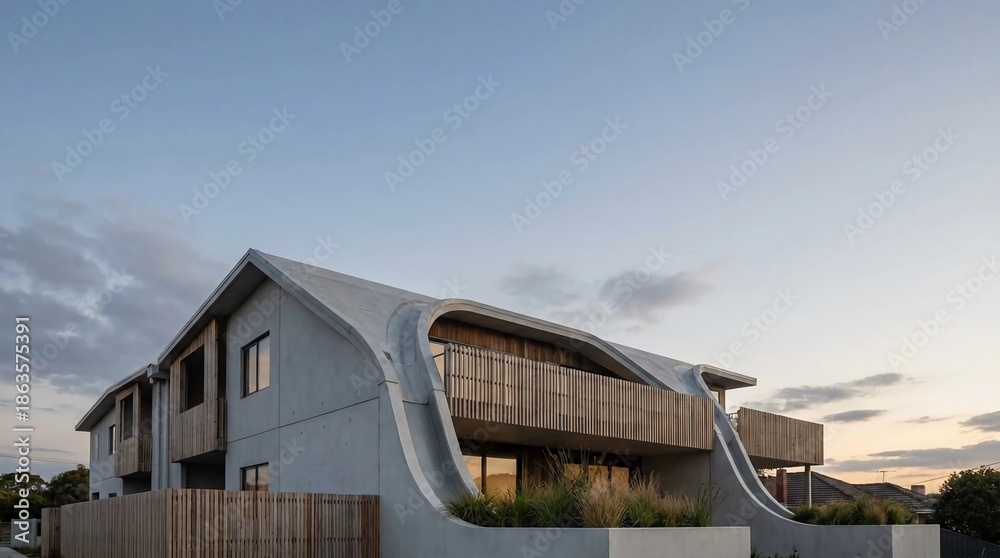 Fototapeta premium Innovative Architectural Design Featuring Contemporary Buildings Utilizing Sustainable Material for Eco-Friendly and Modern Living Spaces, Showcasing Artistic and Functional Construction