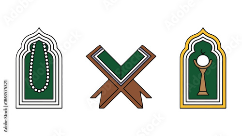 Islamic Symbols of Faith: A collection of meticulously designed illustrations that capture the essence of Islamic faith, depicting a prayer beads, open Quran, and a symbolic representation.