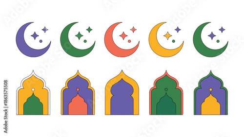 Celestial Symmetry: An elegant arrangement of crescent moons and ornate archways, artfully illustrated with vibrant colors and delicate details. This design radiates a sense of serene beauty.