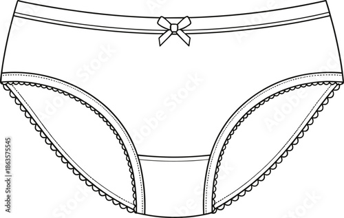 Bikini-style lace trim panties technical sketch, front view, fashion flat drawing, CAD vector illustration, garment design, apparel template