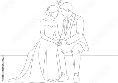 Elegant wedding couple line art illustration capturing intimate moment in a modern minimalist style