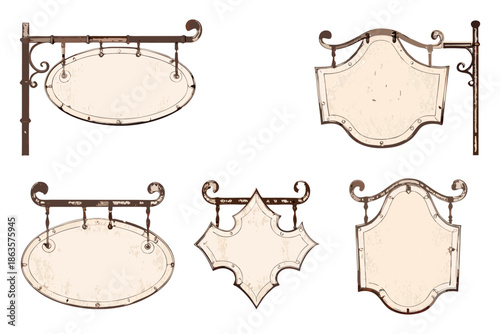 Elegant vintage shop sign templates featuring decorative ironwork and clean line art.