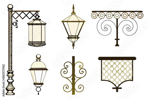 European antique street lamp signs with decorative ironwork, vector flat style.