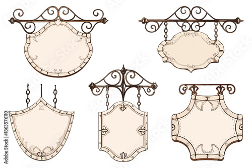 Sepia ink concept sheet of ornate fantasy tavern signs, detailed line art on a white background.