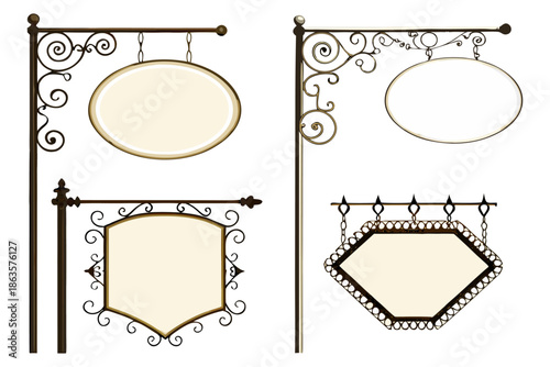 Ornate Gothic iron shop signs, flat vector, blank panels, white background.