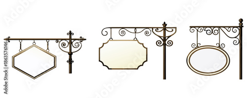 Victorian street lamp signs with curled ironwork, clean flat illustration.