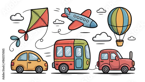 Whimsical Transportation Parade: A delightful illustration showcases a vibrant collection of transportation methods, ready for adventure and travel.