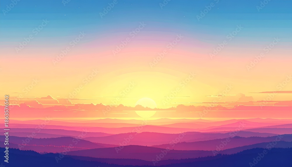 Obraz premium A serene gradient sunset casts a glow over layered mountains, transitioning from orange to blue