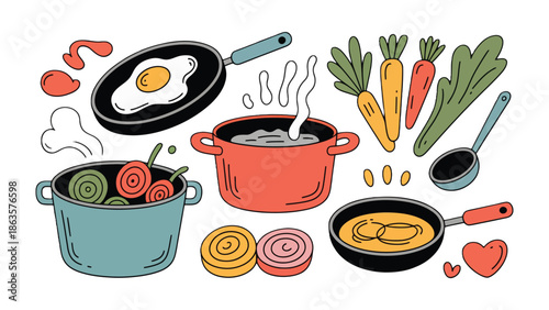 Culinary Delights: A vibrant array of cookware and fresh ingredients comes together in a lively illustration, embodying the essence of cooking and culinary arts.