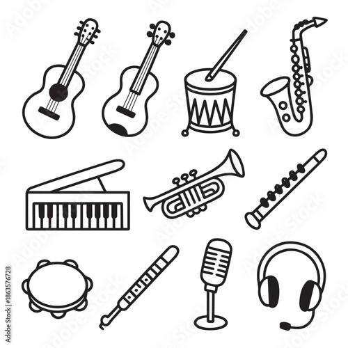 A collection of various musical instruments and equipment in a simple line drawing style