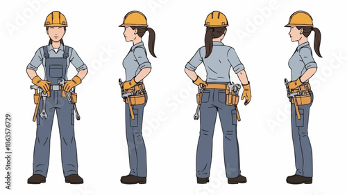 Female construction worker in different poses and views.