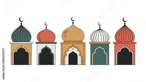 Islamic Architecture Diversity: A vibrant illustration showcasing the varied facades of iconic cultural structures, each topped with a crescent moon.