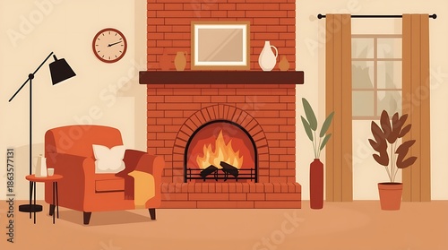 Warm living room fireplace vector illustration