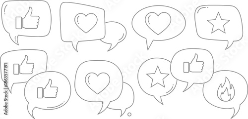 Social media engagement icons set, chat bubbles with thumbs up, heart, star and fire concept