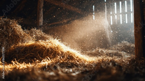 Wallpaper Mural Interior barn scene with shafts of light piercing through a window, illuminating floating dust particles. Golden light bathes the hay Torontodigital.ca