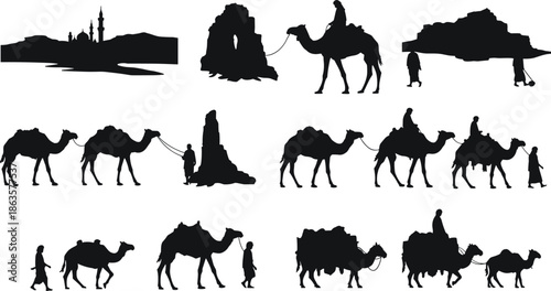 Camel caravan silhouettes, desert journey, nomadic travel, rock formation, cityscape view, traditional expedition, cultural scene, goods transport, sand dune walk, pilgrimage route