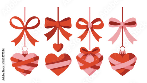 Ribbons and Hearts of Love: A delightful display of heart ornaments and ribbon bows, showcasing themes of affection, love, and joyous occasions.