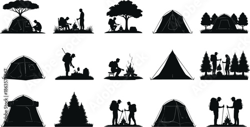 Camping silhouette collection, hikers, tents, bonfire scenes, forest adventure, outdoor lifestyle, wilderness travel, hiking gear, nature exploration, black vector illustration
