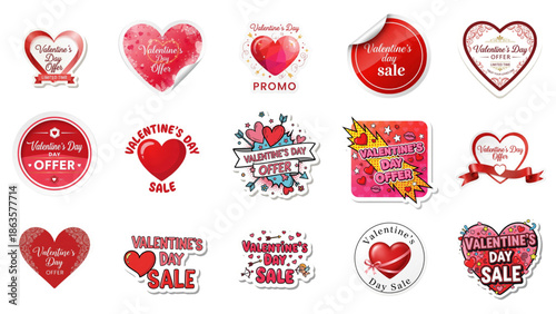 Valentine’s Day Sale Stickers Set with Heart Labels, Promo Badges, Discount Offers, Love Coupons, Romantic Holiday Marketing Tags, Red Pink Vector Collection Isolated