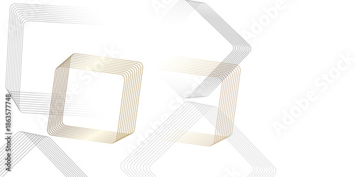 Abstract geometric shapes in gold and white create a dynamic layered composition with a sense of depth and movement