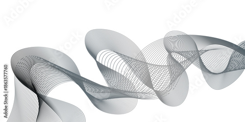 Abstract flowing lines create a dynamic grayscale wave form with smooth curves and a modern aesthetic
