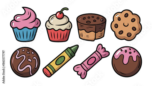 Sweet Treats Array: A delightful assortment of freshly baked goodies. Featuring a colorful cupcake, cherry topped cupcake, brownie, chocolate chip cookie, brownie ball, crayon, candy.