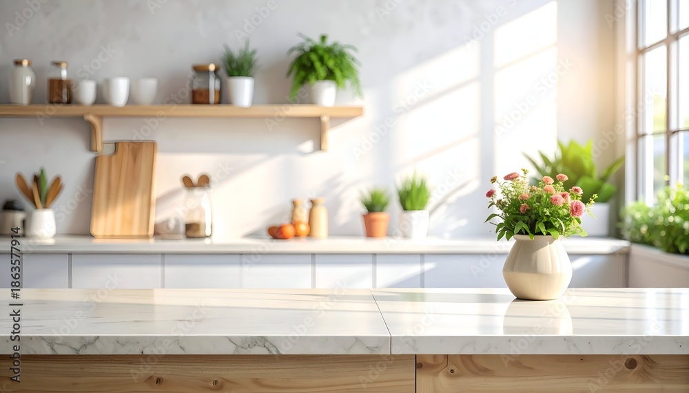 Fototapeta premium Bright kitchen interior showcasing a marble countertop, potted plants, and warm natural lighting