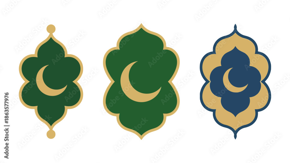Fototapeta premium Moon and Floral Ornament: three elegant ornament designs featuring a crescent moon emblem, symbolizing peace, with decorative floral motifs, a harmonious blend of nature and spiritual serenity.