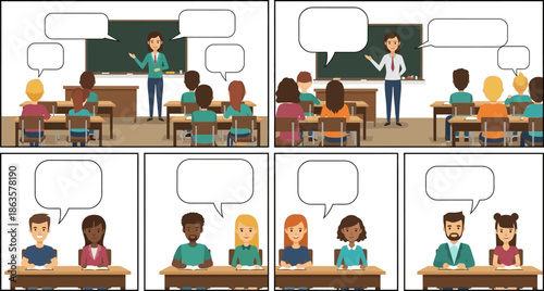 Cartoon illustration of a classroom scene with teacher and students with speech bubbles