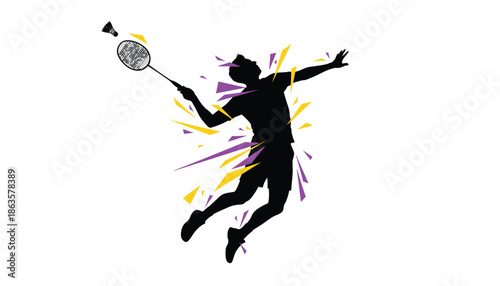 Badminton Player Jumping with Racket in Air on White Background with Colorful Splash