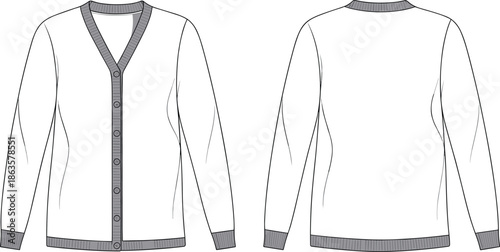 Cardigan sweater flat sketch, technical fashion drawing, vector illustration with front and back view, knitwear apparel design, cad drawing flat vector illustration