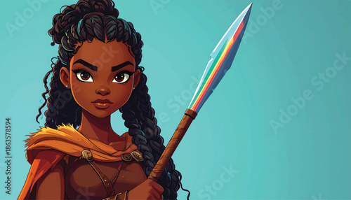 Determined Warrior Woman with Spear in Cartoon Style.