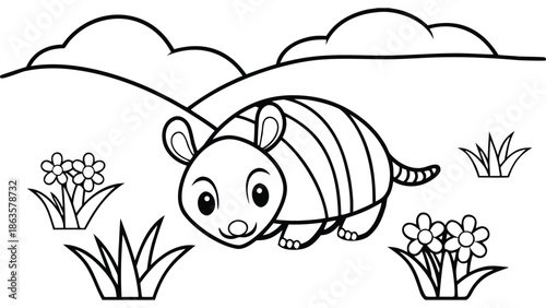 Cute cartoon armadillo walking in a field with flowers coloring page