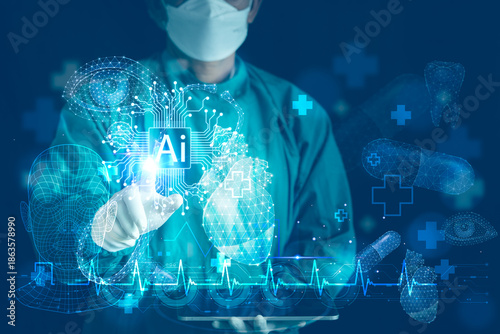 Futuristic doctor utilizing artificial intelligence holographic interface to analyze heart, brain, and DNA data for precision medical diagnosis